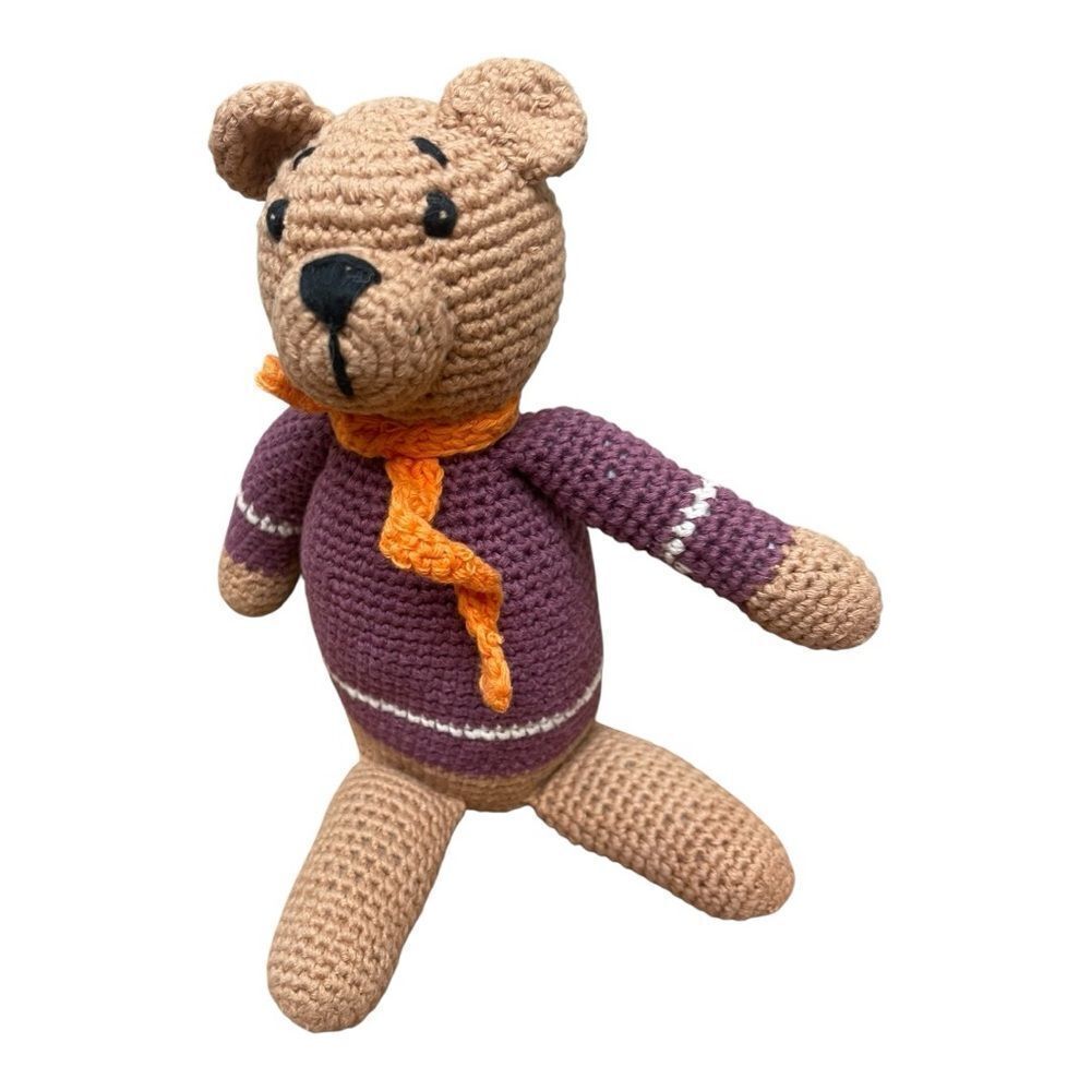 Pebble Handmade Brown and Orange Knit Teddy Bear Rattle Organic Cotton